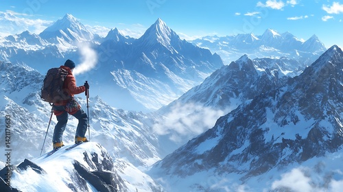 A mountaineer carefully traversing a snowy ridge, their breath visible in the air as they take in the stunning, vast view of the snow-covered peaks around them