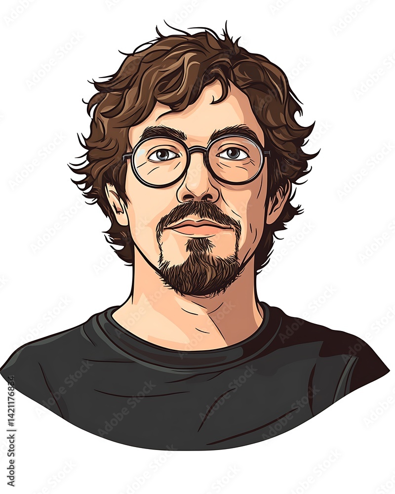 Portrait of a Man with Eyeglasses and Beard Pixel Art in Black T-Shirt