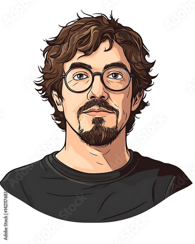 Portrait of a Man with Eyeglasses and Beard Pixel Art in Black T-Shirt