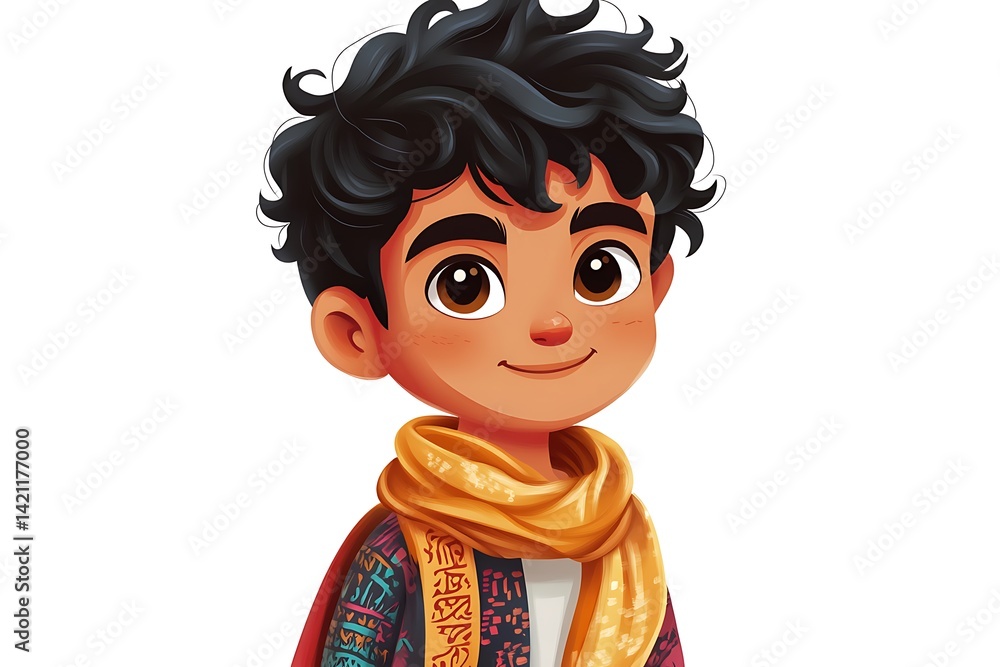 Portrait of a Smiling Young Boy with Curly Black Hair and Brown Eyes
