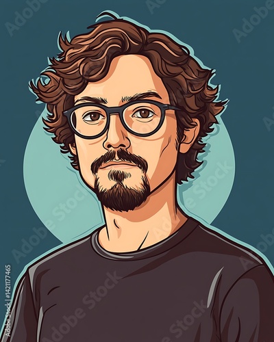 Obraz na płótnie Portrait Of A Young Man With Curly Hair And Glasses In Front Of Teal Background w salonie