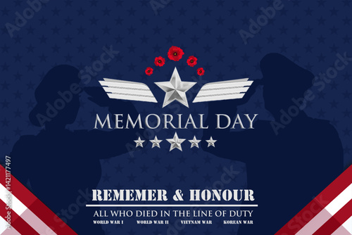 Patriotic Memorial Day 2025 illustration with saluting male and female soldiers, red poppies, and American patriotic elements. Best for Memorial day 2025 celebration for U.S Armed force  veterans