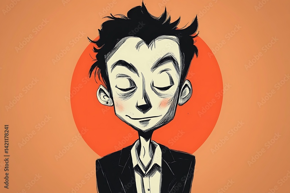 Portrait Of Man With Closed Eyes And Gentle Expression Against Orange Circular Background