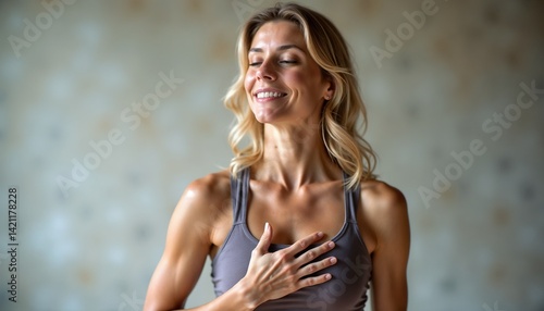 Wallpaper Mural Fair-skinned woman with blonde hair smiling serenely representing peace against a gray wall Torontodigital.ca