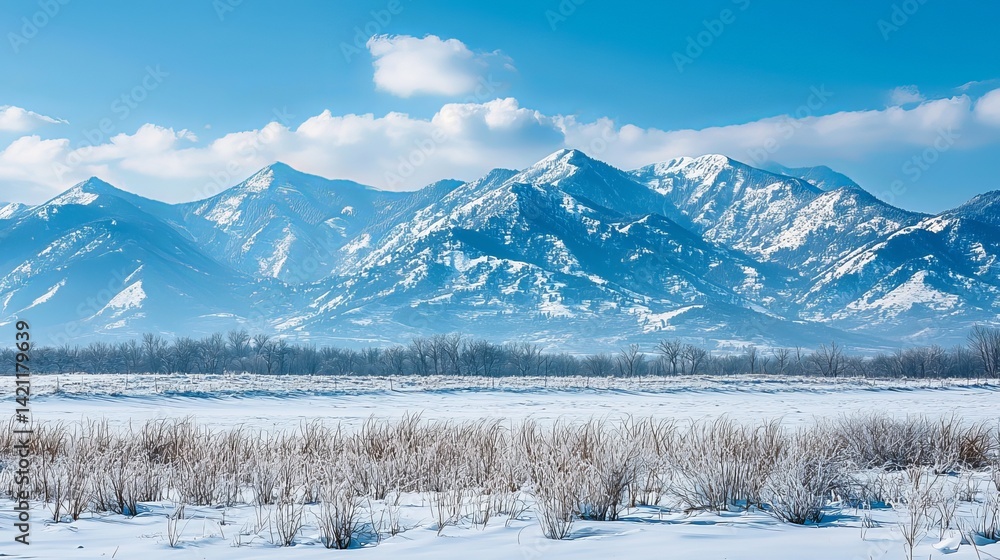 Obraz premium Majestic snow capped mountains rise above a serene winter landscape, showcasing stunning natural beauty.