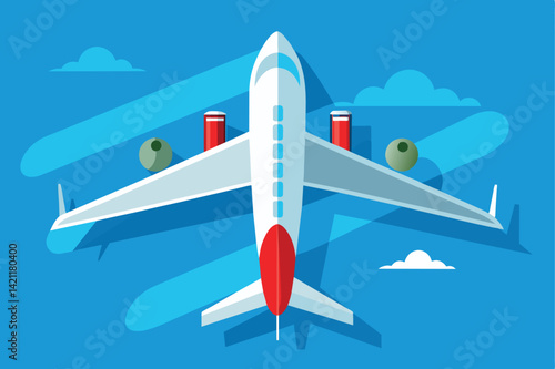Vector illustration of a stylized airplane flying above the clouds against a bright blue sky, conveying travel and adventure.