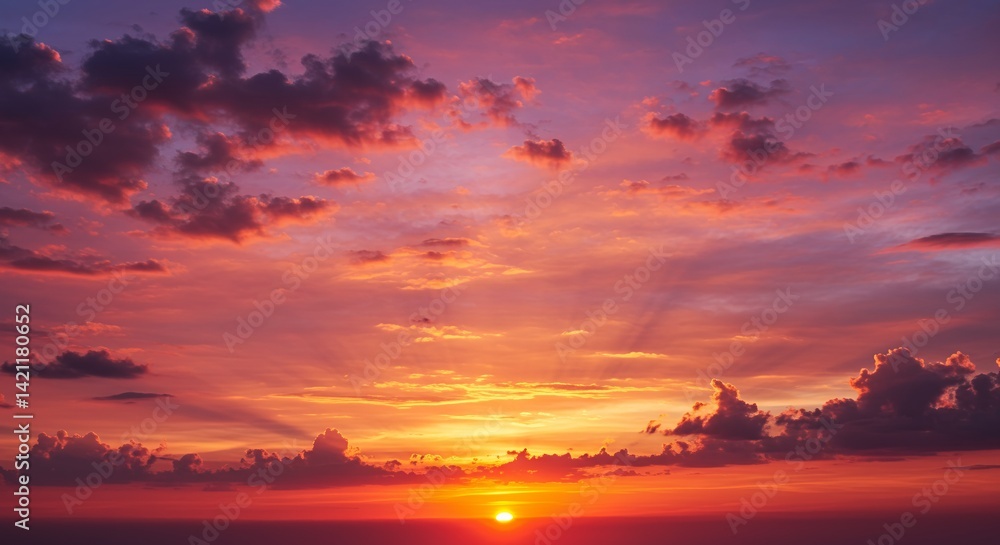 Fototapeta premium Vibrant Sunset Sky with Clouds and Golden Light Rays
