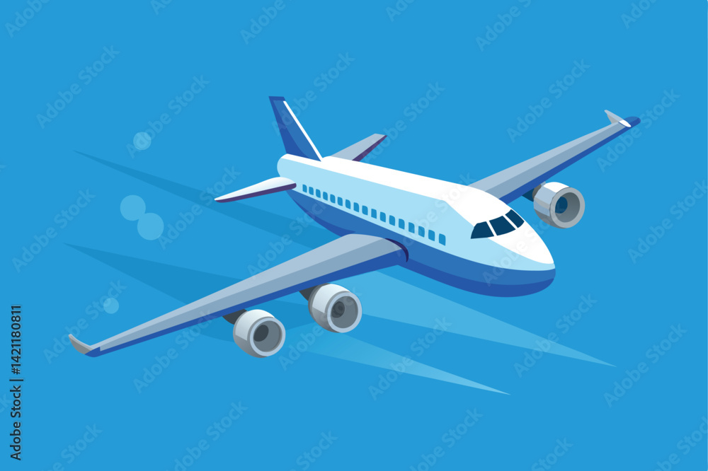 Isometric illustration of a blue and white airplane flying in clear skies. Perfect for travel, aviation themes, and educational materials Isometric illustration of a blue and white airplane flying in clear skies. Perfect for travel, aviation themes, and educational materials