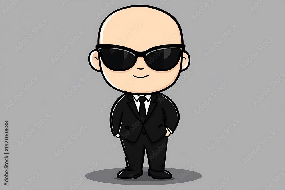 Smiling Businessman Character Wearing Black Suit And Sunglasses On Gray Background