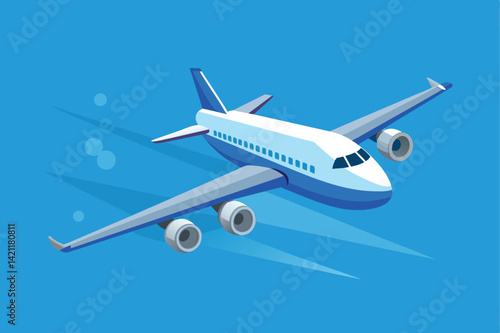 Isometric illustration of a blue and white airplane flying in clear skies. Perfect for travel, aviation themes, and educational materials