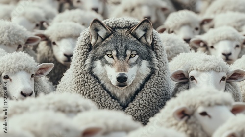Wolf disguised as sheep among flock, surreal concept of deception and disguise