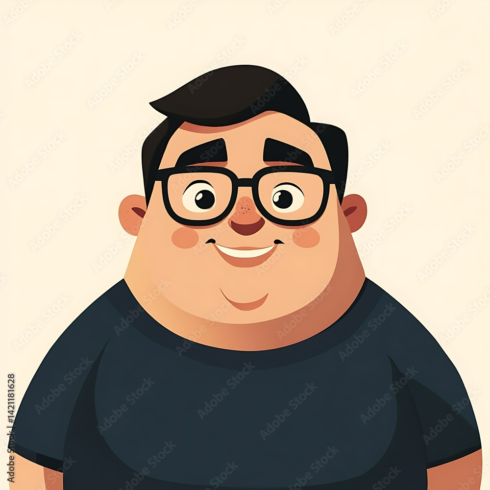 Smiling Cartoon Man Portrait With Glasses And Black Hair In Studio With Light Creamy Background