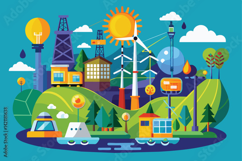 Colorful illustration depicting various sustainable energy sources including wind, solar, and hydroelectric power in a harmonious environment with technology elements.