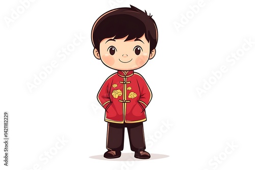 Obraz na płótnie Smiling Young Asian Boy Wearing Red Traditional Attire on White Background w salonie