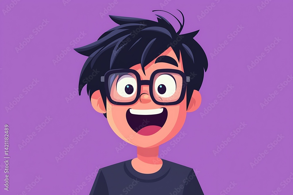 Smiling Young Man Pixel Art Portrait With Black Hair Eyeglasses and Purple Background