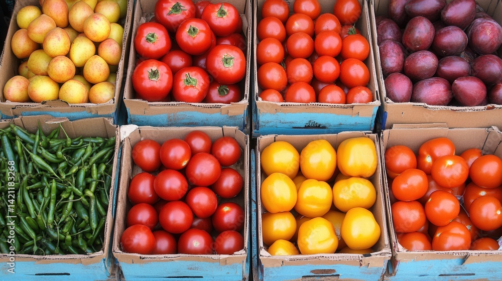 Fresh produce in boxes at a market (1) Fresh produce in boxes at a market (1)