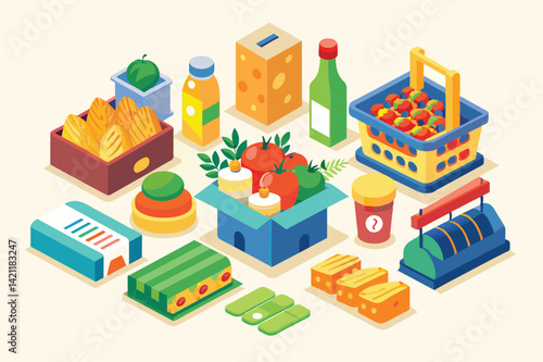 Vibrant isometric design showcasing various grocery items, including produce, drinks, and packaged goods. Perfect for concepts related to shopping, food, and healthy eating.