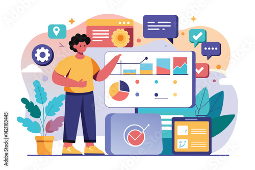 Illustration of a professional presenting data analytics with charts and graphs. Concepts of business strategy, data-driven decision-making, and teamwork are highlighted.