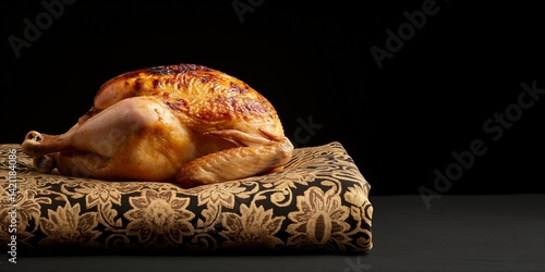 Golden roasted chicken on ornate textile against dark background