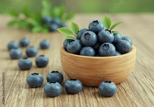 A wooden bowl filled with fresh blueberries is placed on a textured wooden table. Several blueberries are scattered around, while green leaves enhance the natural ambiance