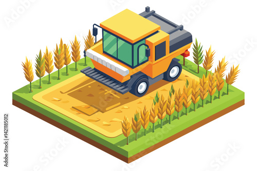 Colorful isometric vector image of a combine harvester operating in a wheat field, showcasing modern agricultural technology and farming equipment in action.