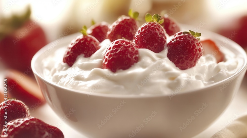 Fresh strawberries on creamy yogurt Fresh strawberries on creamy yogurt