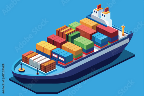 Illustration of a cargo ship loaded with colorful shipping containers, depicting global trade and maritime transport on a blue background.