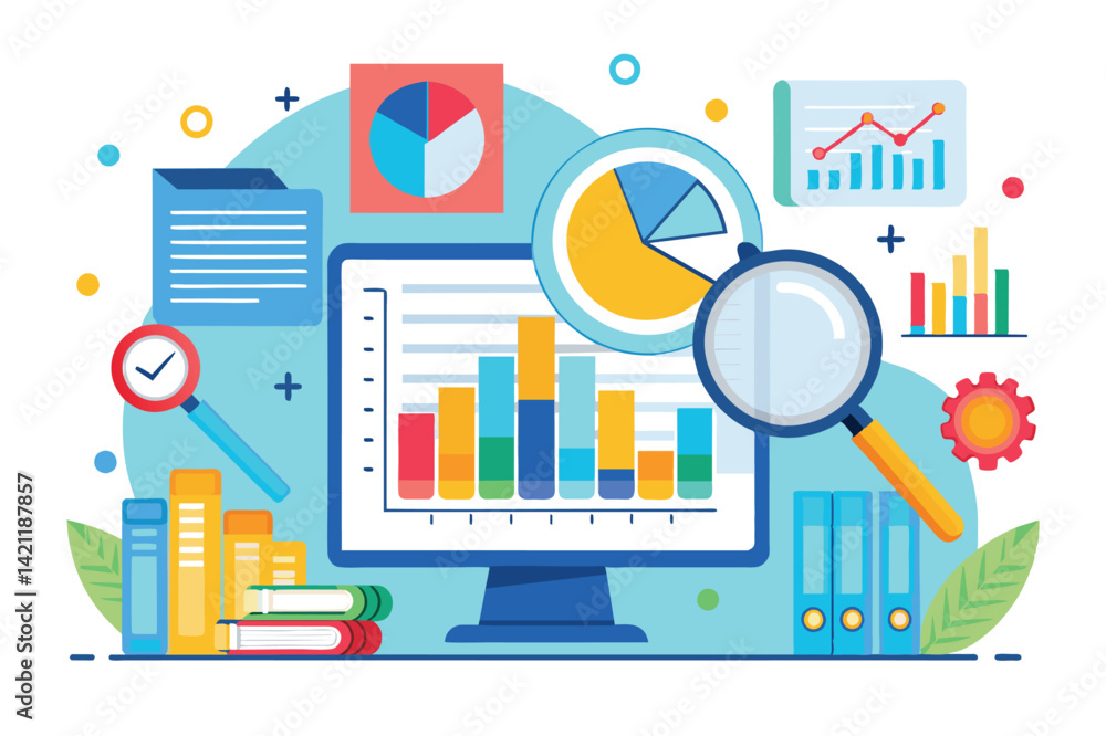 Colorful illustration depicting data analysis with graphs, charts, books, and a magnifying glass, symbolizing business research and report preparation. Colorful illustration depicting data analysis with graphs, charts, books, and a magnifying glass, symbolizing business research and report preparation.