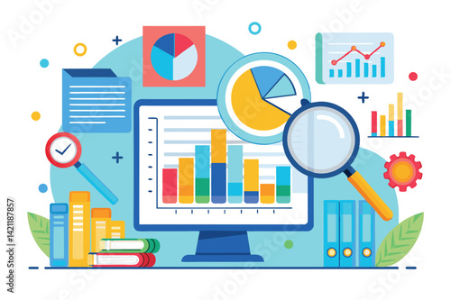Colorful illustration depicting data analysis with graphs, charts, books, and a magnifying glass, symbolizing business research and report preparation.