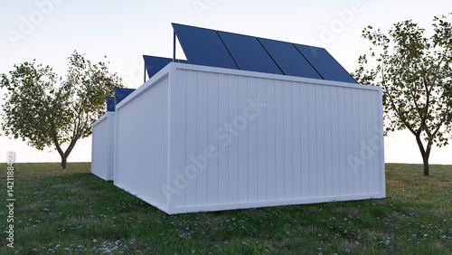 Magazyny energii, kontenery z panelami fotowoltaicznymi na dachu