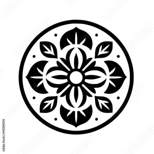 Geometric Floral Mandala in Black and White, Vector Design