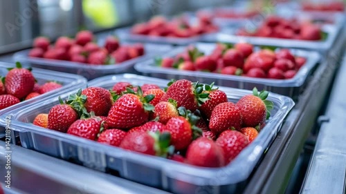 Close-up view of fresh strawberries in plastic containers on a conveyor belt system