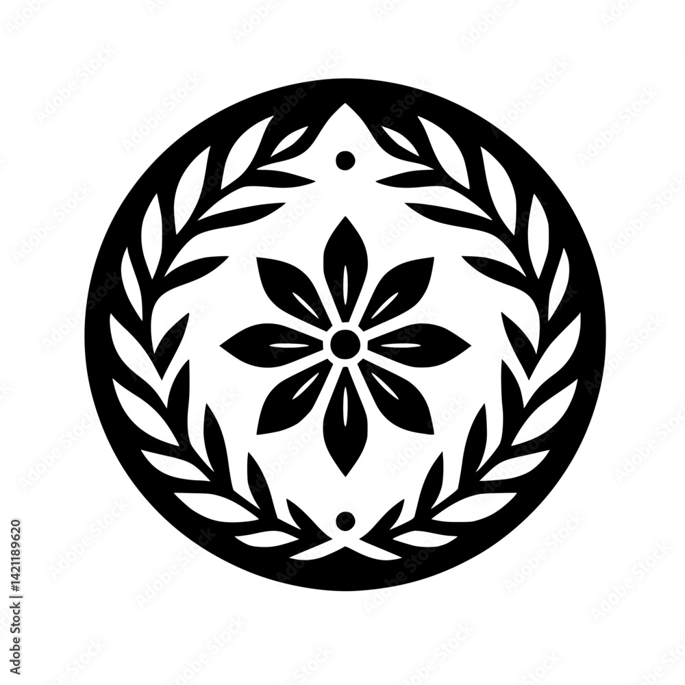 Black & White Floral Emblem: Decorative Circle Design Black & White Floral Emblem: Decorative Circle Design