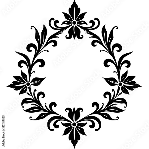 Elegant Floral Frame in Black and White, Decorative Vintage Design