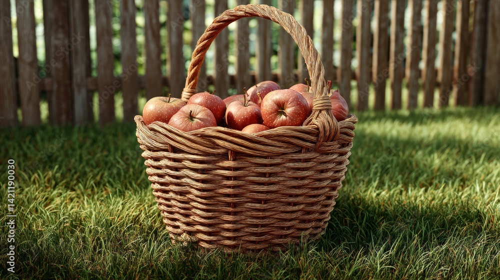 Wicker basket full of fresh apples on green grass in sunny garden, autumn harvest scene Wicker basket full of fresh apples on green grass in sunny garden, autumn harvest scene