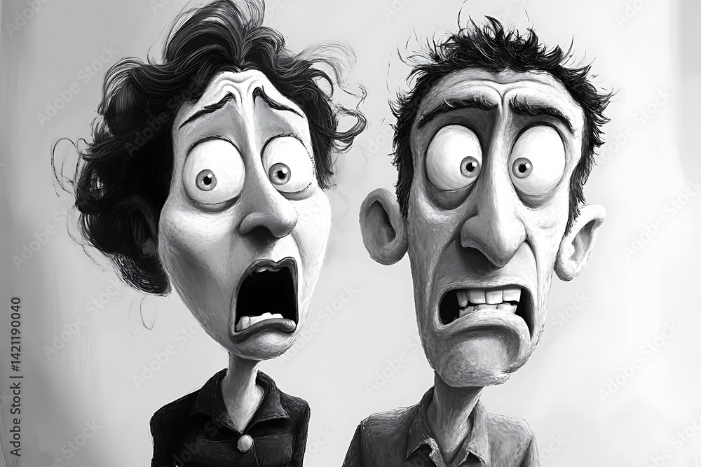 Two Cartoon Faces Expressing Extreme Fear and Surprise in Black and White Illustration