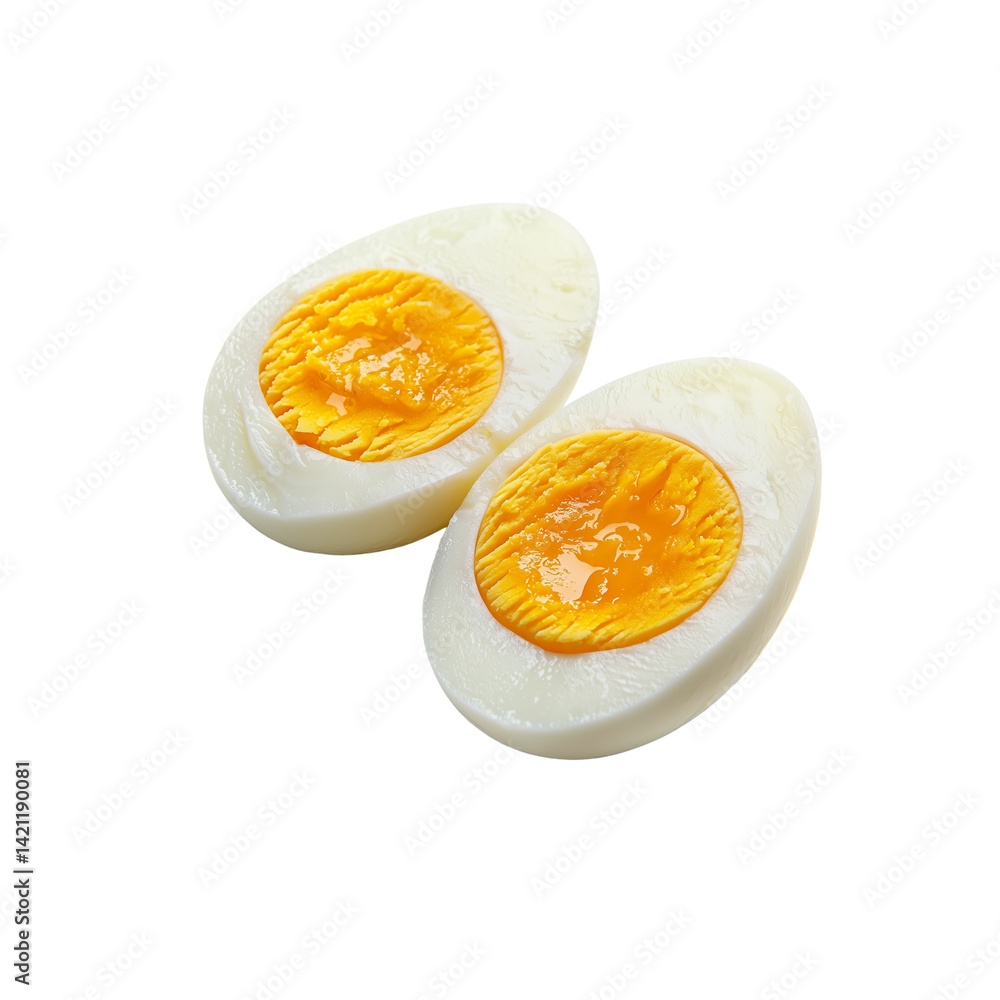 Two halved boiled eggs displaying bright yellow yolks and creamy whites. Two halved boiled eggs displaying bright yellow yolks and creamy whites.