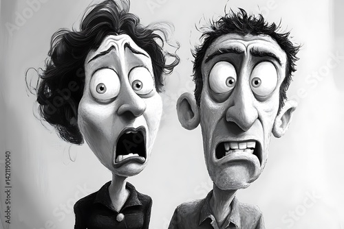 Obraz na płótnie Two Cartoon Faces Expressing Extreme Fear and Surprise in Black and White Illustration w salonie