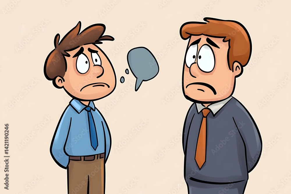 Two Depressed Men in Business Attire Talking with Thought Bubble in Neutral Background