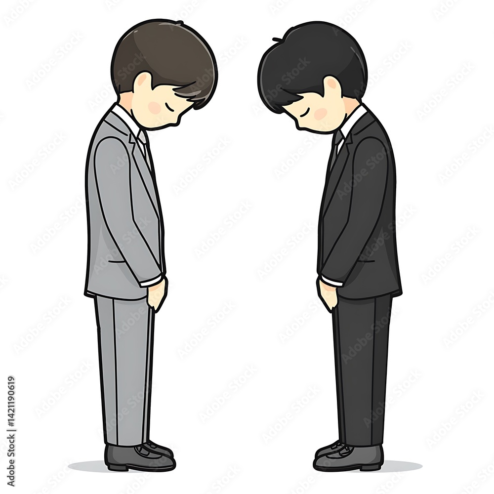 Two Men In Suits Bowing Showing Respect With White Background Pixel Illustration