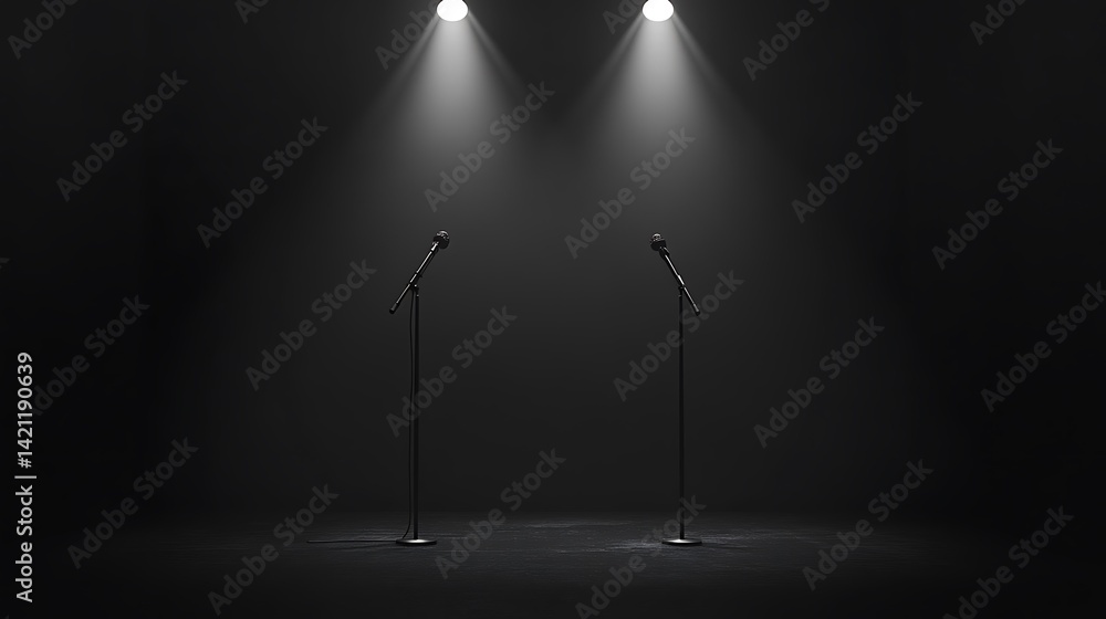 Two Microphones On Stands Lit By Spotlights Against Black Background