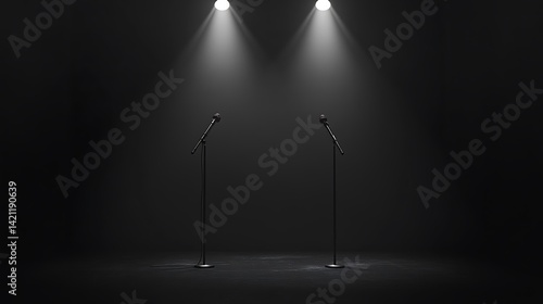 Obraz na płótnie Two Microphones On Stands Lit By Spotlights Against Black Background w salonie