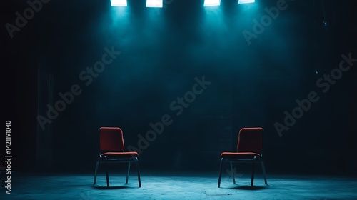 Obraz na płótnie Two Red Chairs Under Blue Spotlight in Empty Dark Room with Dramatic Shadows w salonie