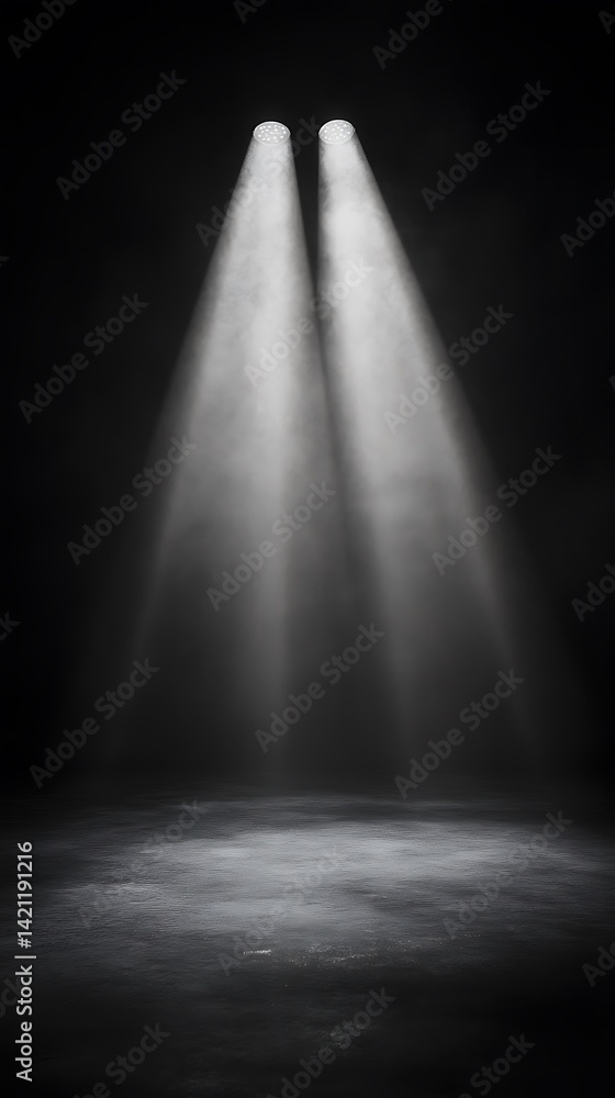 Two White Light Beams Shining Downward on Dark Concrete Surface