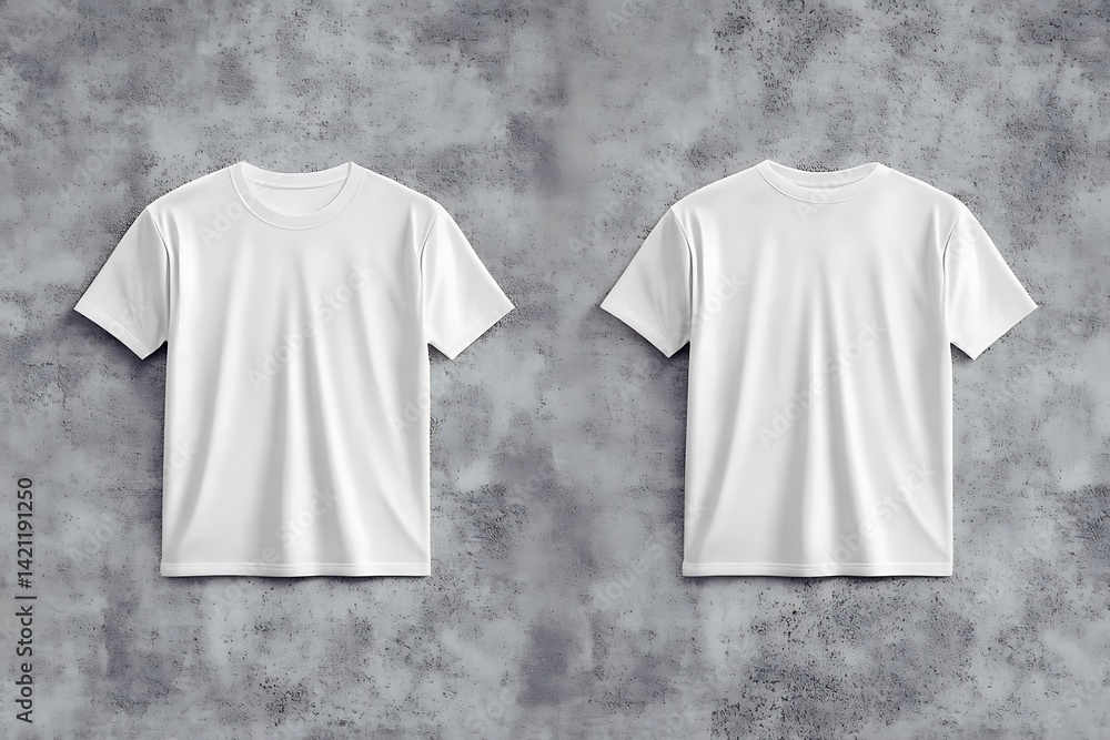Two White Blank T-shirts Isolated Against A Textured Concrete Wall Background