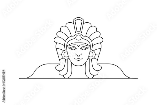Minimalist line art depiction of sphinx with traditional headdress and egyptian style symbolic figure