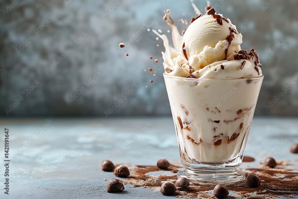 Vanilla Ice Cream Milkshake With Chocolate Drizzle And Sprinkles In Glass Cup