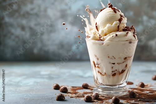 Obraz na płótnie Vanilla Ice Cream Milkshake With Chocolate Drizzle And Sprinkles In Glass Cup w salonie