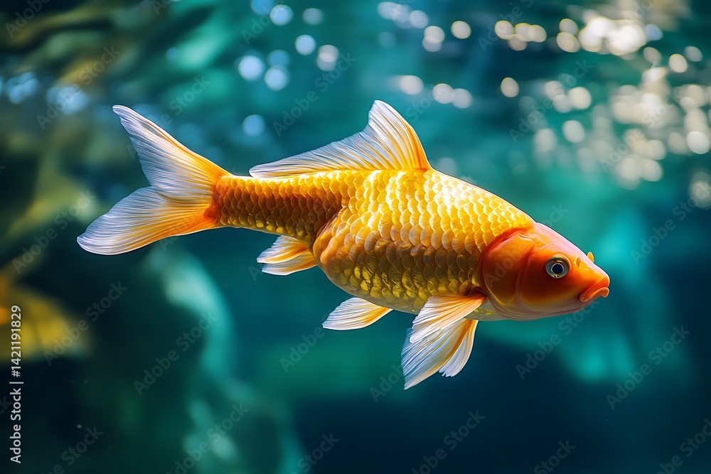 Vibrant Goldfish Swimming Through Clear Water Against a Blurred Green Background