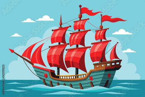 Illustration of a vibrant pirate ship sailing on the ocean featuring bold red sails and blue waves.